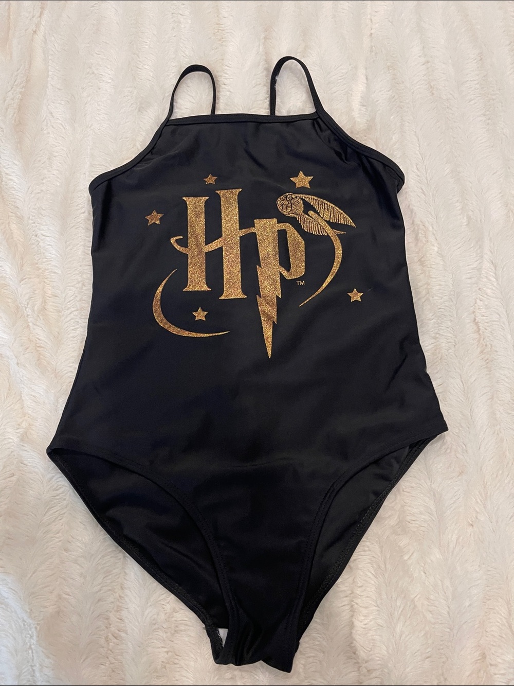 Black One-Piece Swimsuit with Gold HP (Harry Potter) Emblem